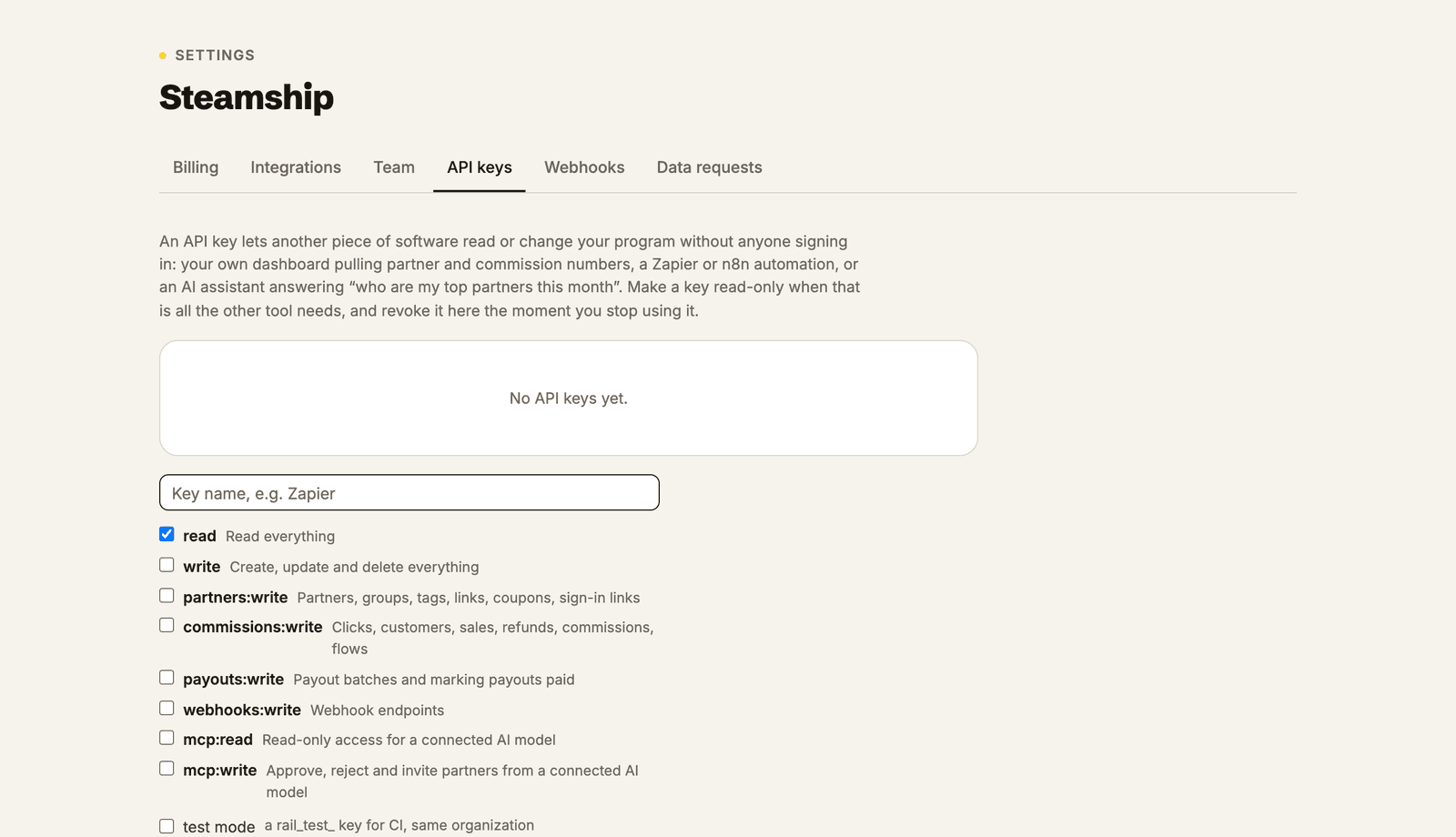 Settings → API keys, new key dialog with the scope picker