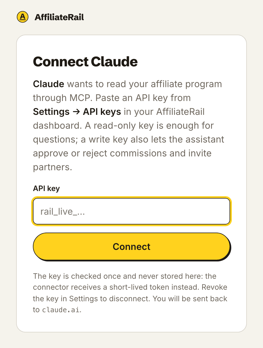 The AffiliateRail sign-in page the assistant opens, asking for an API key